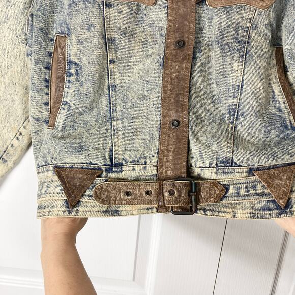 PREZZIA JEANS Jacket Women M Vintage Leather Patch Acid Wash Denim Adjust-Belt - Picture 11 of 16